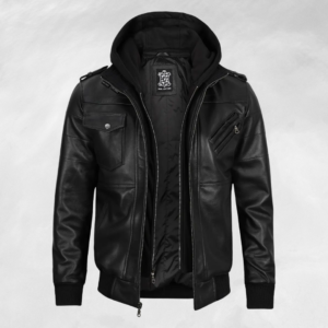 BLACK LEATHER JACKET WITH HODDIE