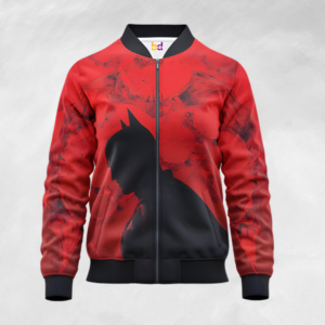 A bold red jacket with a striking graphic design gives off a strong and edgy look. The black silhouette print on the front adds a unique character, while the textured pattern in the background makes the design stand out even more. The zip-up front and ribbed cuffs keep it practical and comfortable. The mix of red and black creates a powerful contrast, making it perfect for someone who likes statement pieces. It has a modern streetwear vibe and can easily elevate a simple outfit. Overall, it’s a stylish jacket that combines comfort with a standout, eye-catching design.