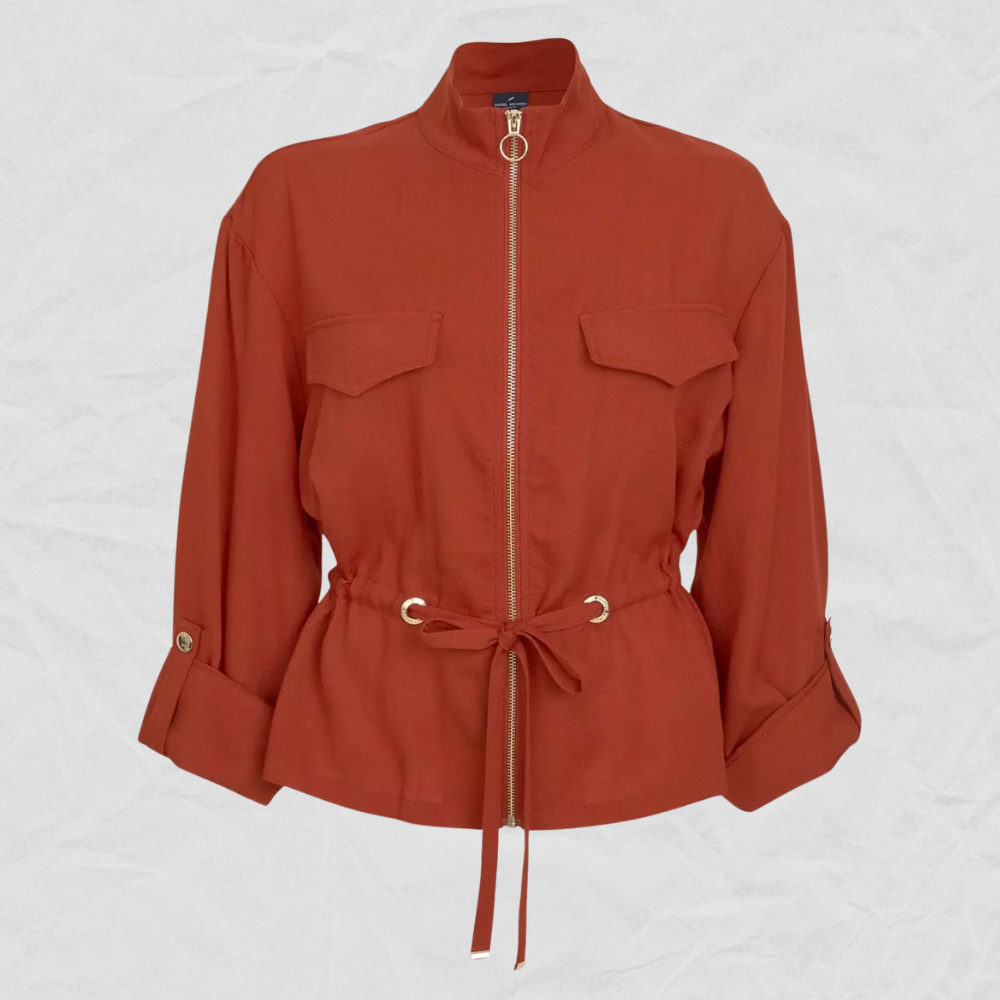 Refresh your everyday wardrobe with this women's drawstring utility jacket, designed to blend effortless style with practical functionality. Crafted from lightweight, breathable fabric, this jacket features a full front zipper, stand-up collar, and adjustable drawstring waist that creates a flattering, customizable fit. Designed with stylish flap chest pockets, roll-up sleeves with button tabs, and a relaxed silhouette, it transitions seamlessly from casual outings to work, travel, and weekend adventures. The lightweight construction makes it perfect for layering over your favorite tops in spring, autumn, or cool summer evenings. Pair it with jeans, leggings, or trousers for a chic, versatile look that's both comfortable and timeless.